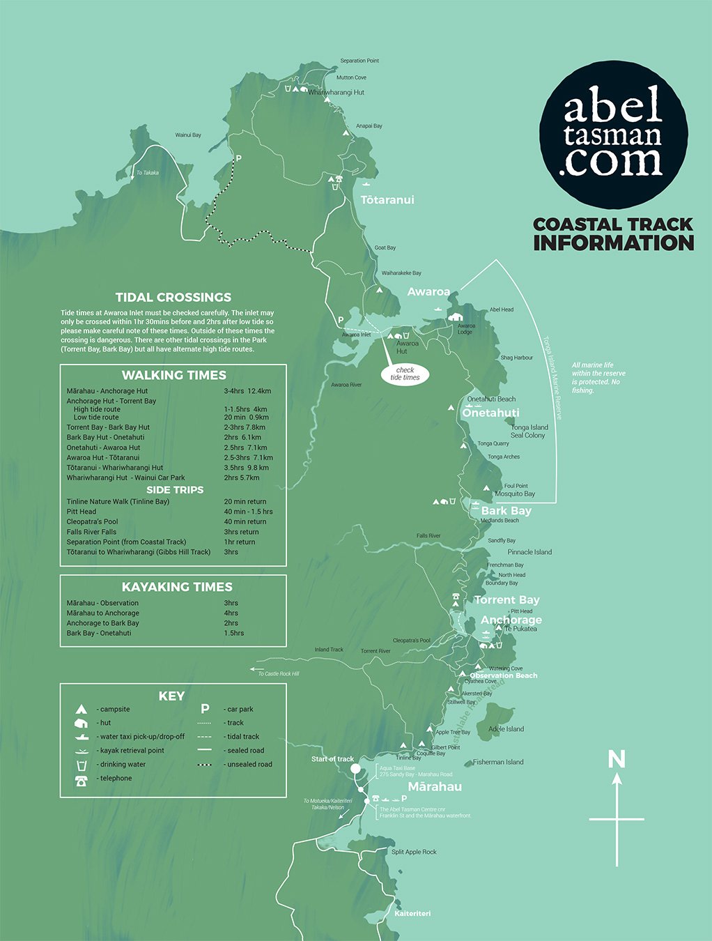 Abel Tasman Track Map - Abel Tasman Walks - featuring Abel Tasman Coast Track Information Walk & Kayak times